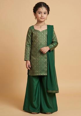 Girls Bottle Green Brocade Sharara Set