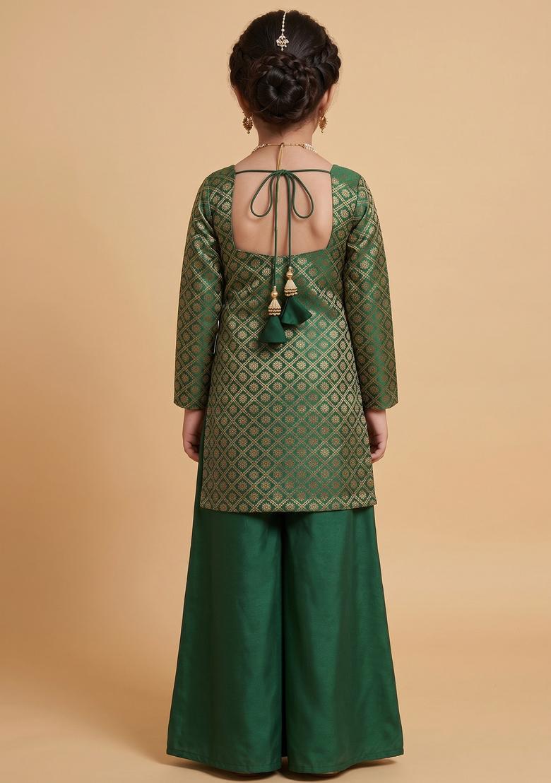 Girls Bottle Green Brocade Sharara Set - Indya
