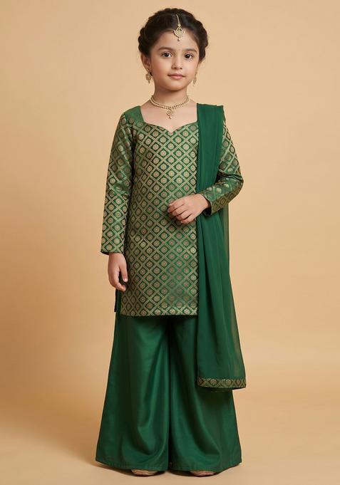 Girls Bottle Green Brocade Sharara Set