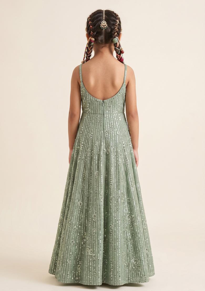 Girls Mint Green Sequin Embroidery Net Anarkali Set - Indya