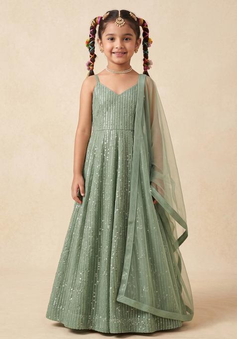Girls Mint Green Sequin Embroidery Net Anarkali Set