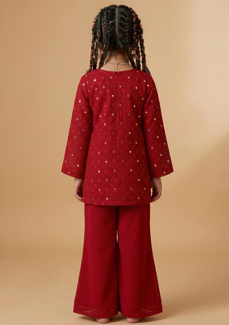 Girls Red Sequin Work Georgette Pakistani Suit Set - Indya