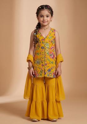 Girls Yellow Floral Print Crepe Sharara Set