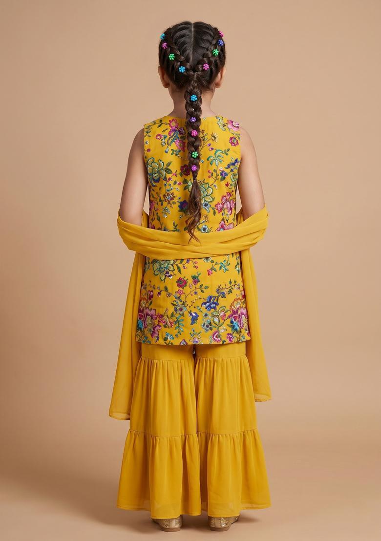 Girls Yellow Floral Print Crepe Sharara Set - Indya