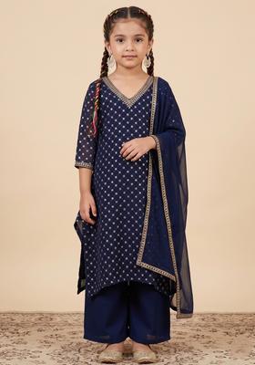 Girls Navy Blue Sequin Work Velvet Straight Kurta Set