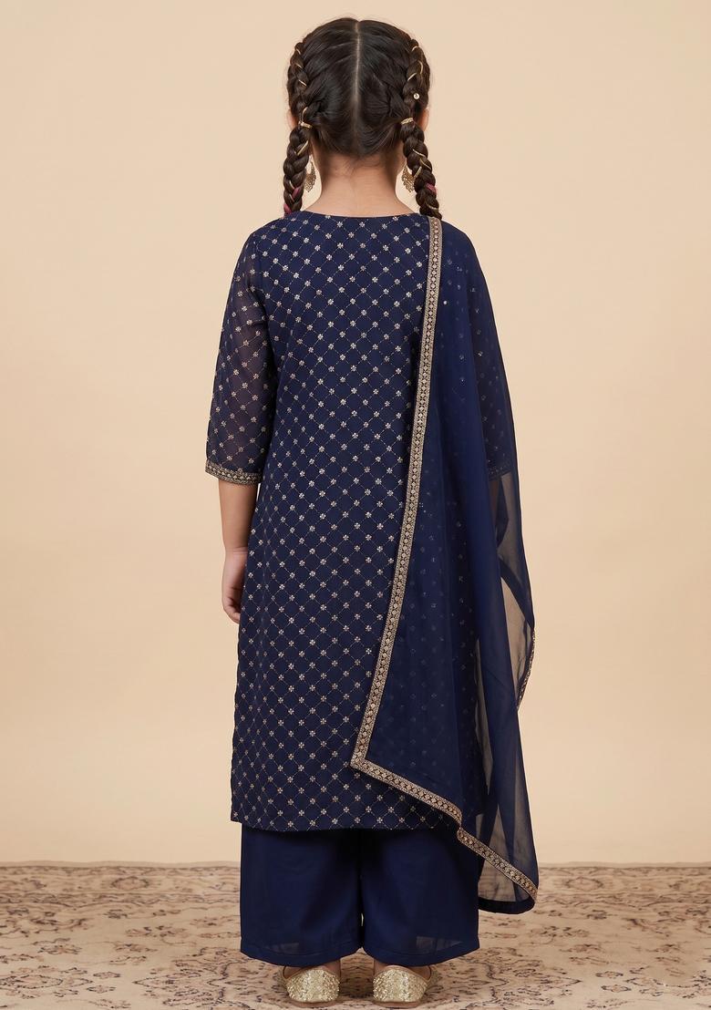 Girls Navy Blue Sequin Work Velvet Straight Kurta Set - Indya