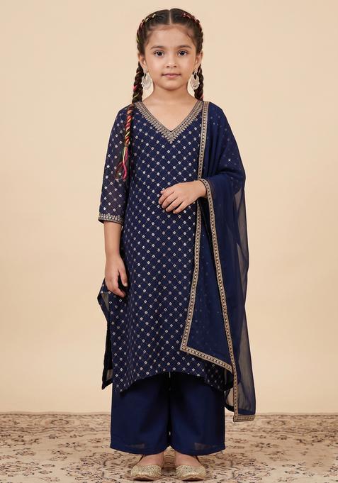 Girls Navy Blue Sequin Work Velvet Straight Kurta Set