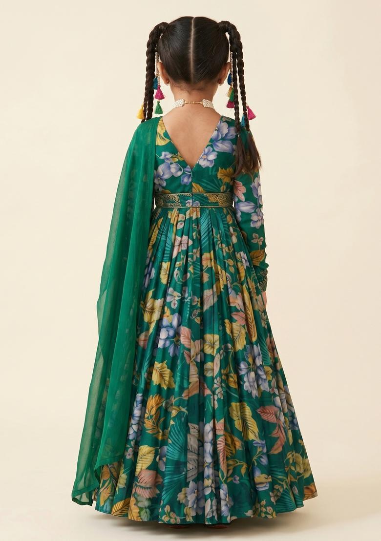 Girls Emerald Green Floral Print Crepe Anarkali With Dupatta - Indya