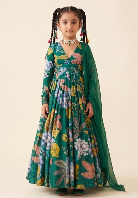 Girls Emerald Green Floral Print Crepe Anarkali With Dupatta