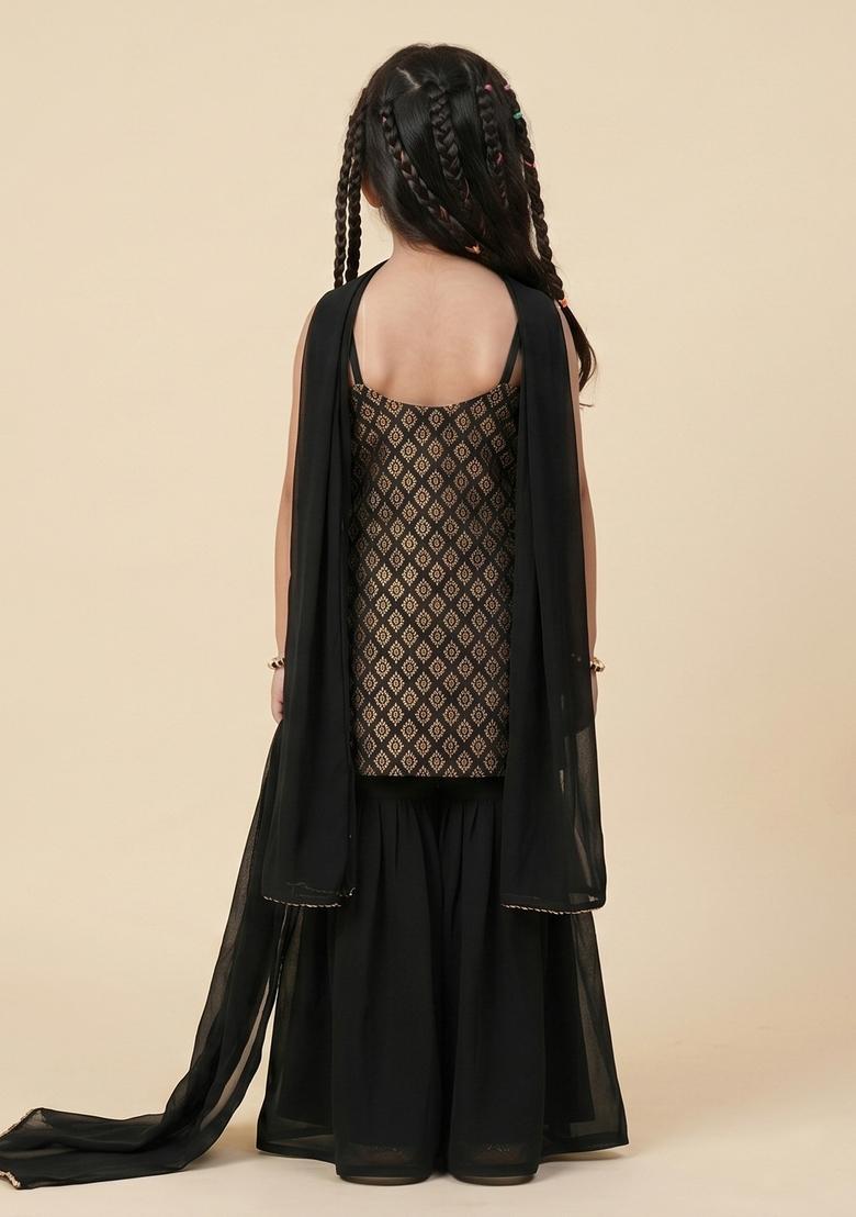 Girls Black Brocade Sharara Set - Indya