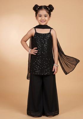 Girls Black Sequin Work Net Sharara Set
