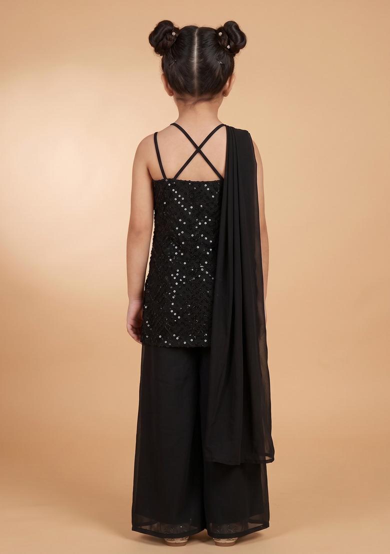 Girls Black Sequin Work Net Sharara Set - Indya