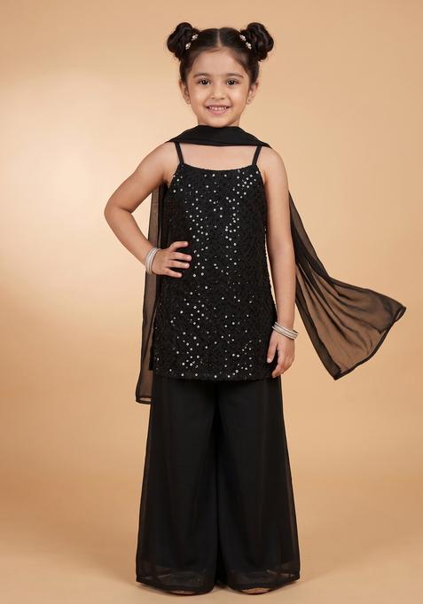 Girls Black Sequin Work Net Sharara Set