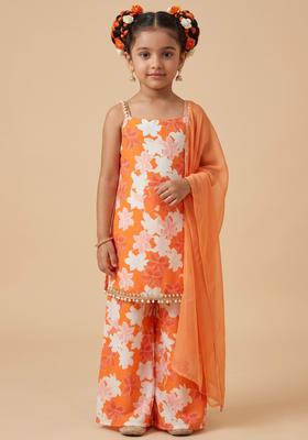 Girls Orange Floral Print Silk Sharara Set