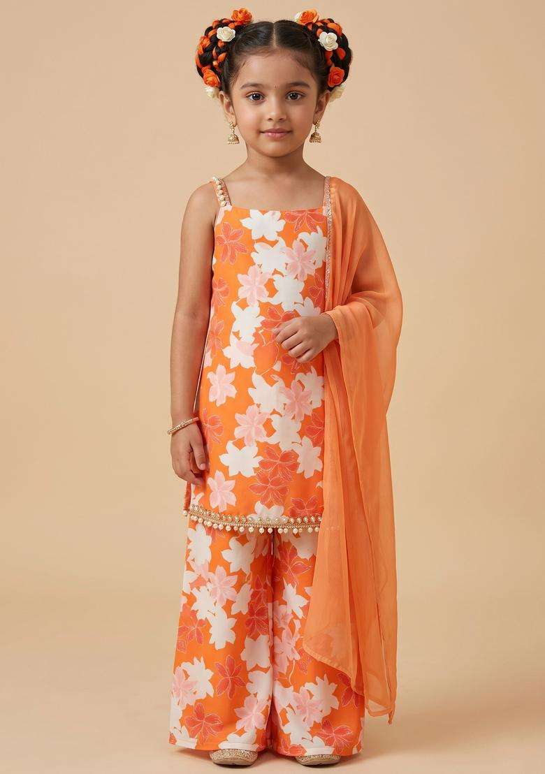 Girls Orange Floral Print Silk Sharara Set - Indya