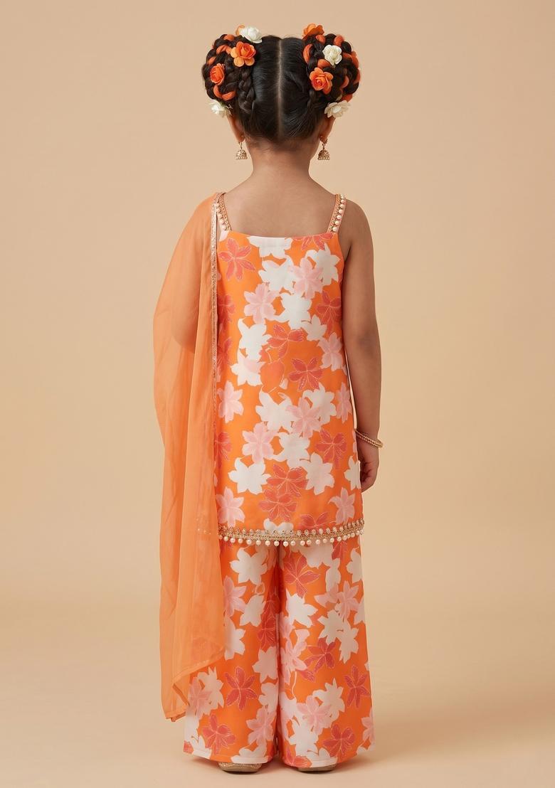 Girls Orange Floral Print Silk Sharara Set - Indya