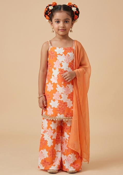 Girls Orange Floral Print Silk Sharara Set