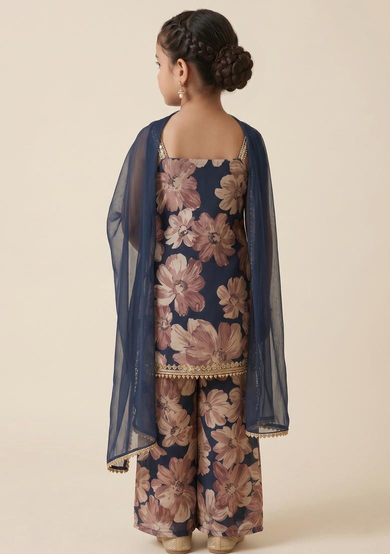 Girls Deep Navy Floral Print Silk Sharara Set - Indya
