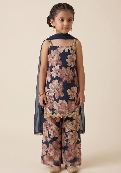 Girls Deep Navy Floral Print Silk Sharara Set