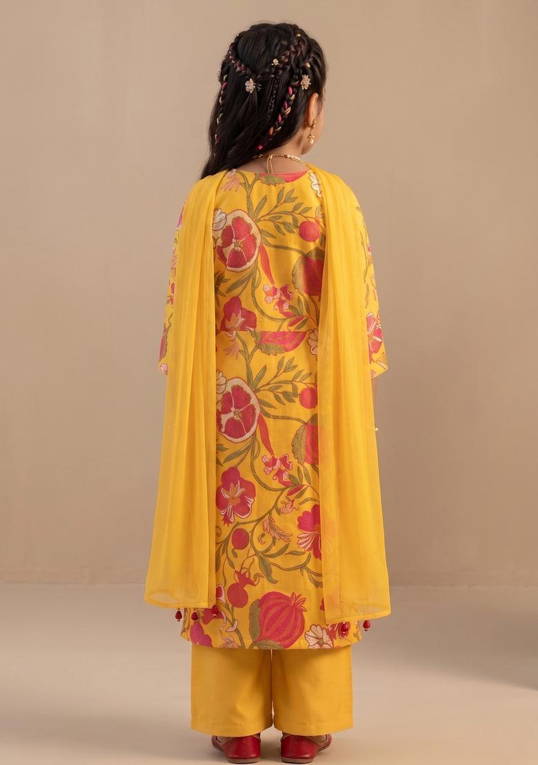 Girls Mustard Yellow Floral Print Georgette Straight Kurta Set - Indya