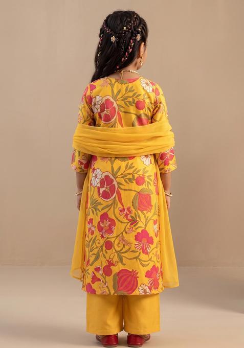 Girls Mustard Yellow Floral Print Georgette Straight Kurta Set