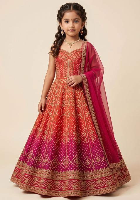 Girls Cherry Red Silk Anarkali With Dupatta