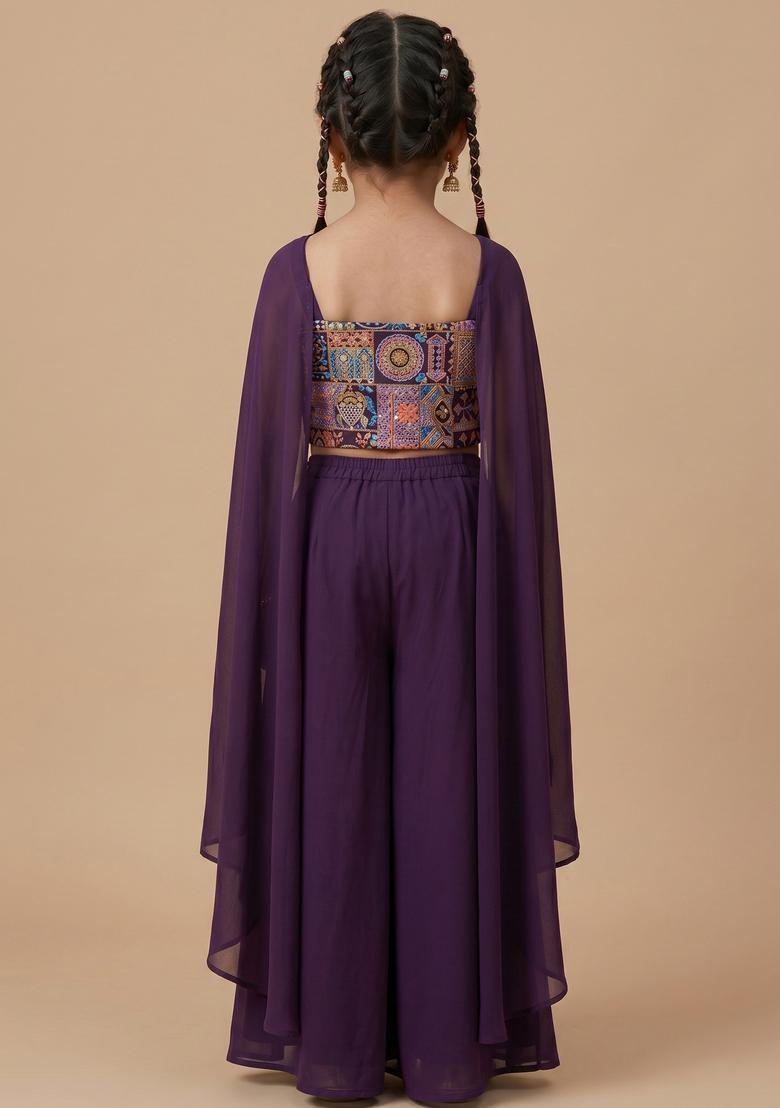 Girls Purple Abstract Print Crepe Fusion Set - Indya