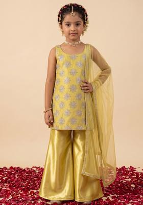 Girls Yellow Sequin Silk Sharara Set