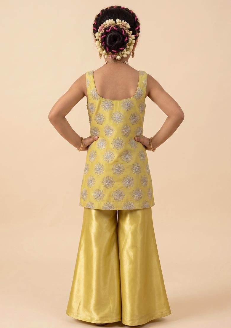 Girls Yellow Sequin Silk Sharara Set - Indya