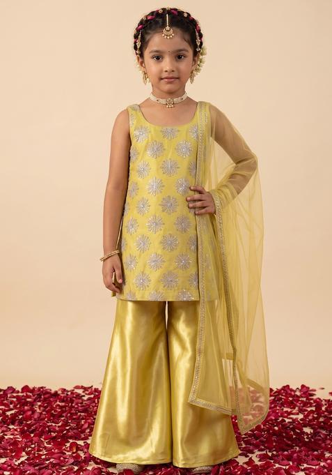 Girls Yellow Sequin Silk Sharara Set