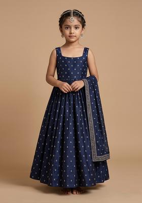 Girls Midnight Blue Mirror Work Georgette Anarkali With Dupatta