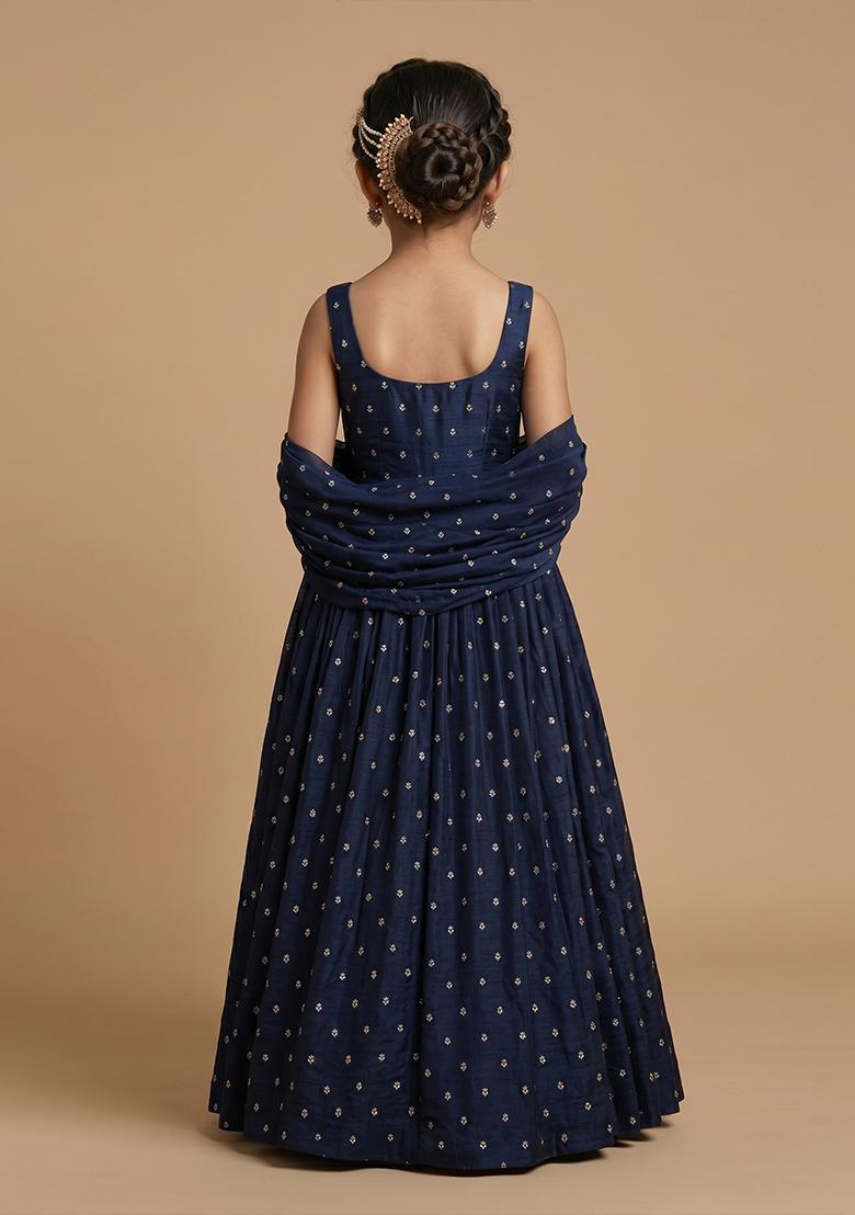 Girls Midnight Blue Mirror Work Georgette Anarkali With Dupatta - Indya