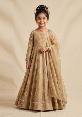 Girls Beige Brocade Anarkali With Dupatta