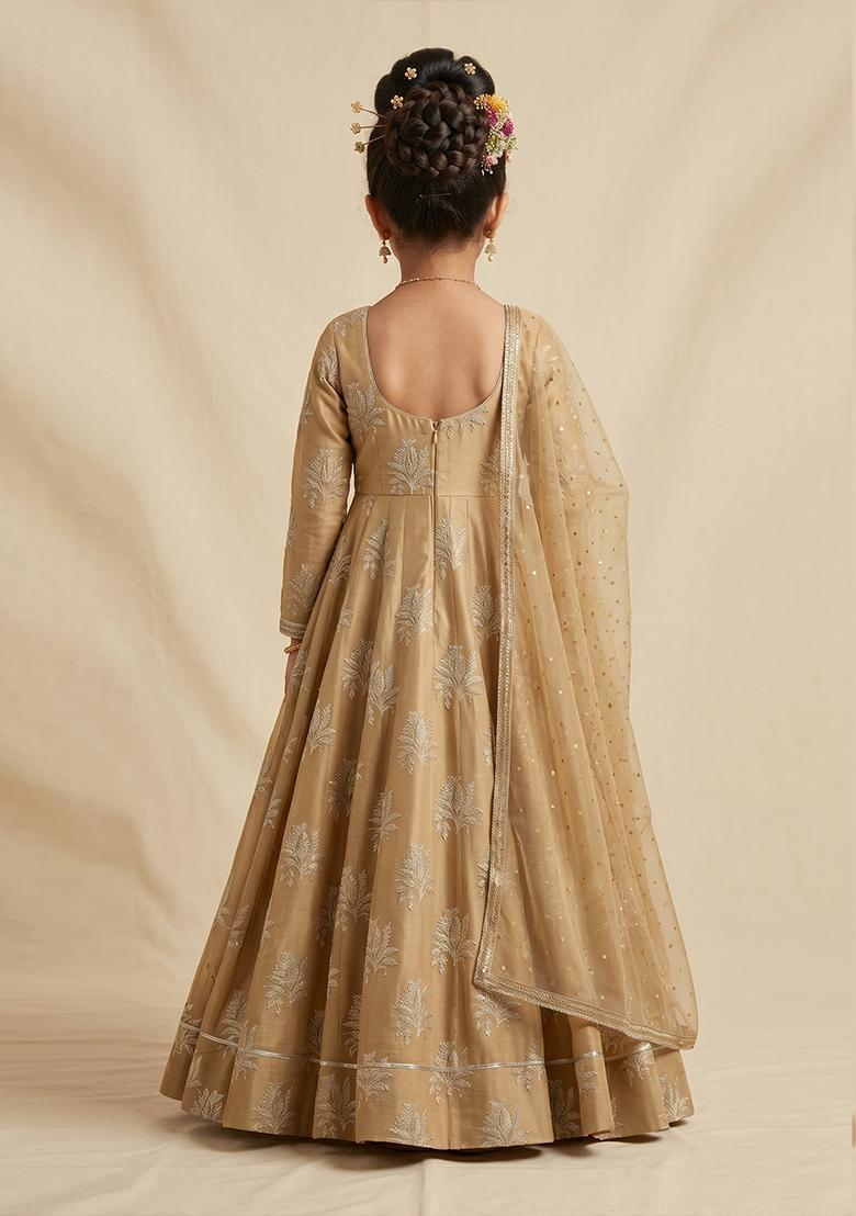 Girls Beige Brocade Anarkali With Dupatta - Indya
