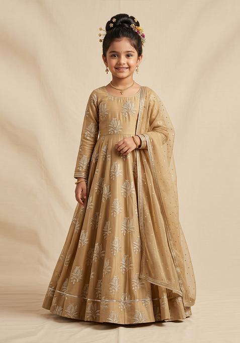 Girls Beige Brocade Anarkali With Dupatta