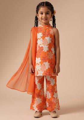Girls Orange Floral Print Crepe Co Ord Set