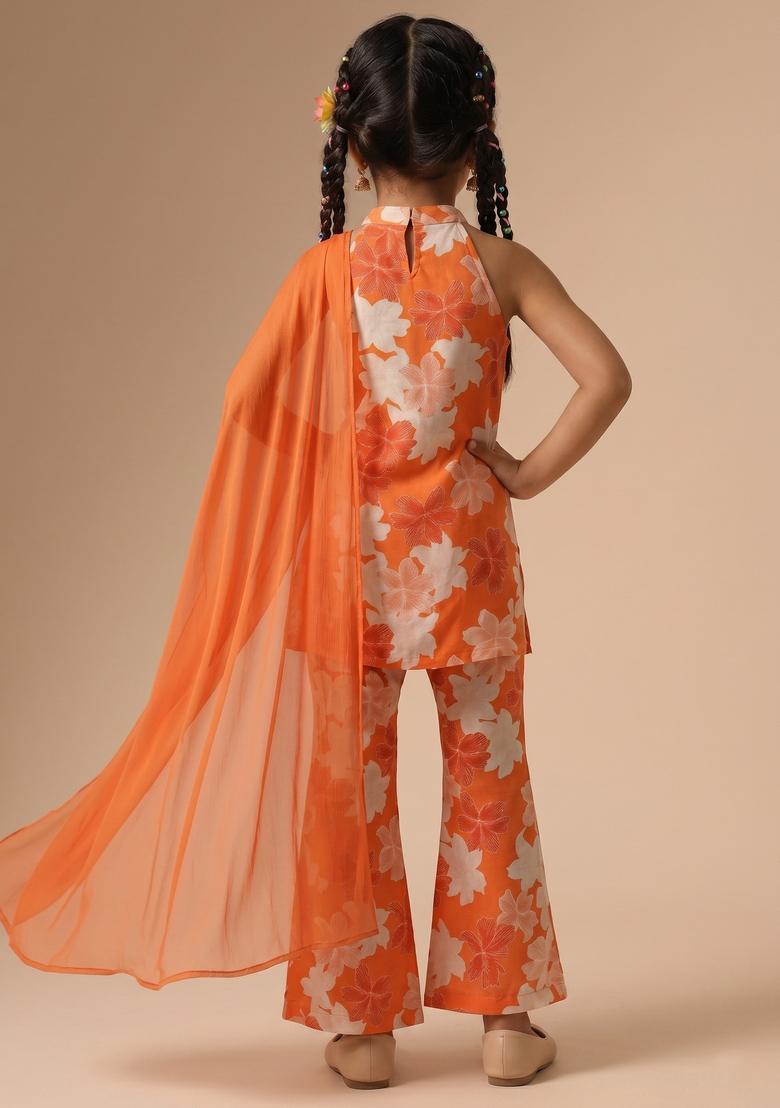 Girls Orange Floral Print Crepe Co Ord Set - Indya