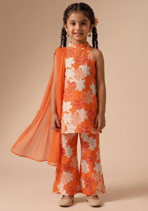 Girls Orange Floral Print Crepe Co Ord Set