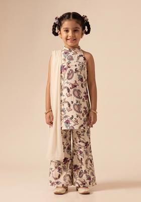 Girls Cream Printed Crepe Co Ord Set