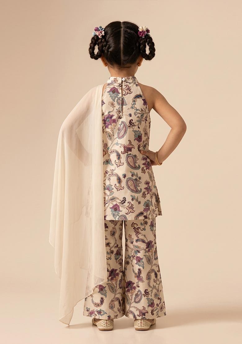 Girls Cream Printed Crepe Co Ord Set - Indya