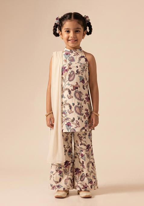 Girls Cream Printed Crepe Co Ord Set