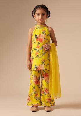 Girls Yellow Floral Print Crepe Pakistani Suit Set