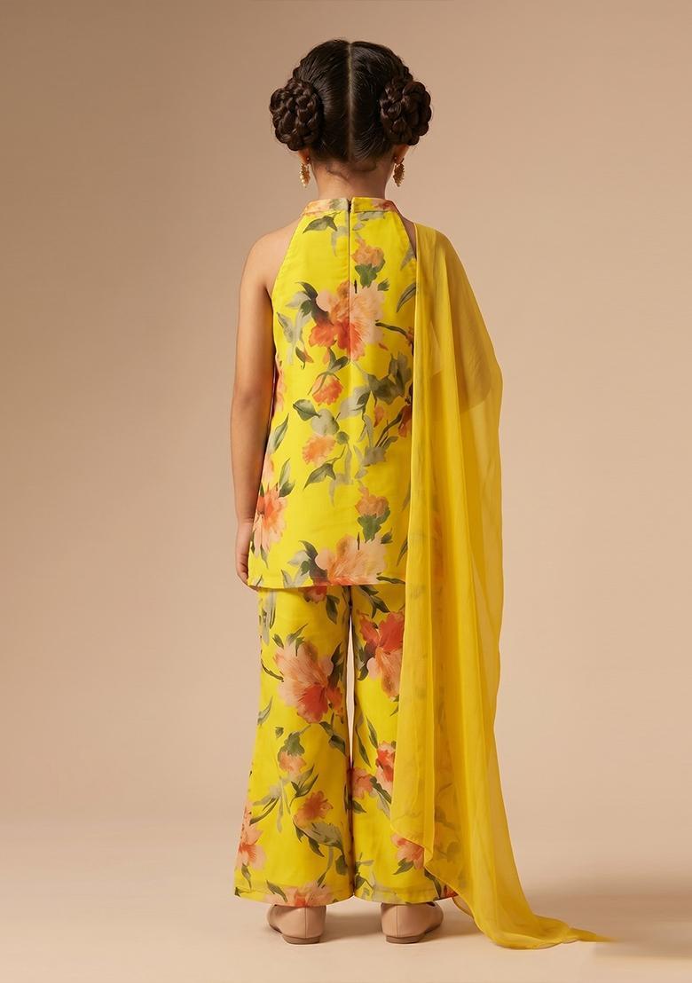 Girls Yellow Floral Print Crepe Pakistani Suit Set - Indya