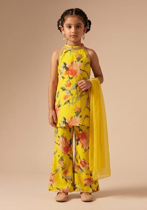 Girls Yellow Floral Print Crepe Pakistani Suit Set