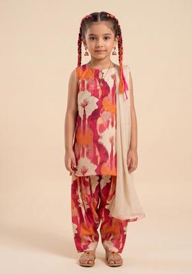 Girls Multi-Colour Floral Print Crepe Kurta Set