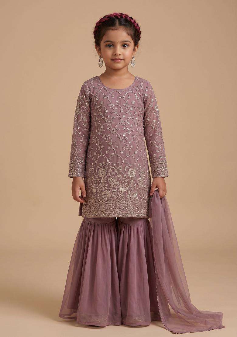 Girls Mauve Embroidered Net Sharara Set - Indya