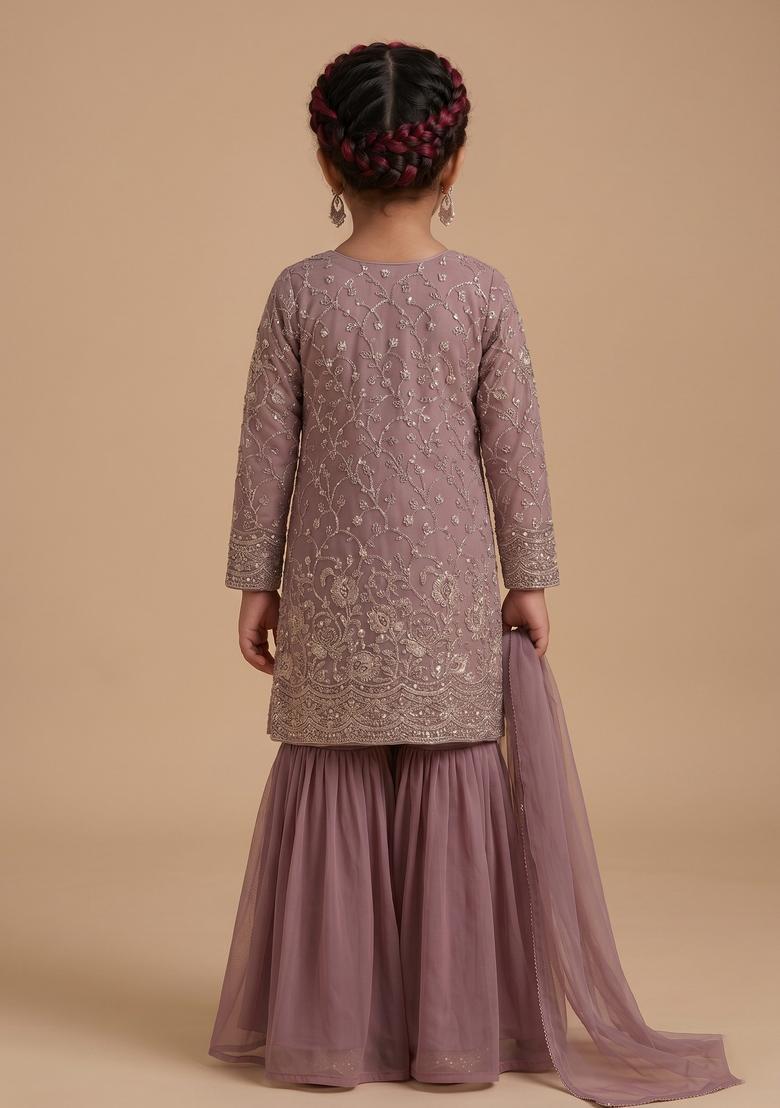 Girls Mauve Embroidered Net Sharara Set - Indya
