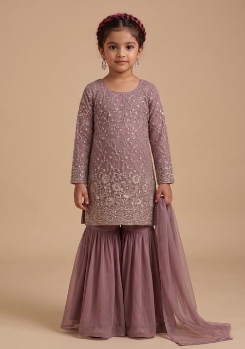 Girls Mauve Embroidered Net Sharara Set