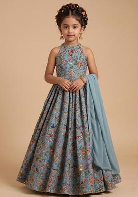 Girls Pastel Blue Embroidered Crepe Anarkali With Dupatta