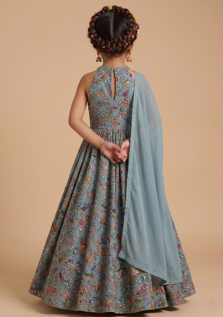 Girls Pastel Blue Embroidered Crepe Anarkali With Dupatta - Indya